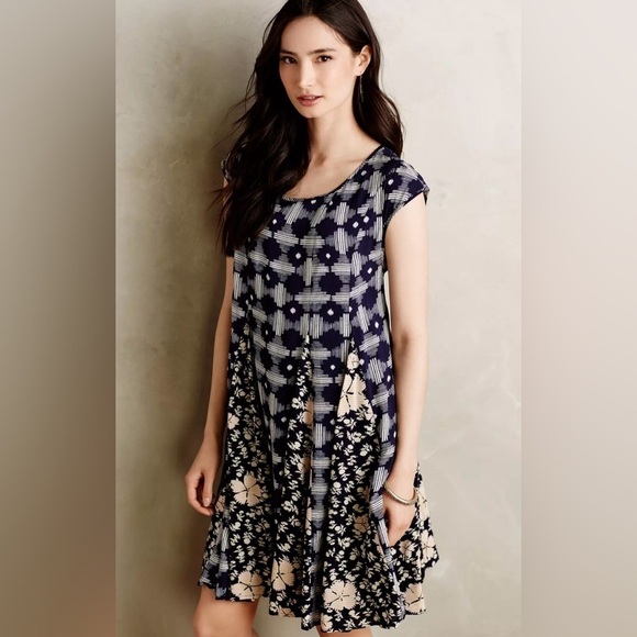 ANTHROPOLOGIE Maeve Indiga Swing Floral Dress Tasseled Back Lace Up Navy Size S - Picture 1 of 15